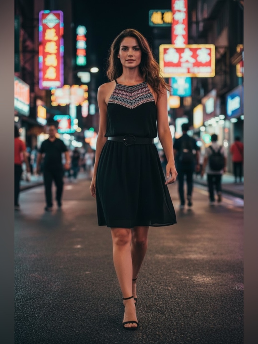 Sleeveless Black Midi Dress with Embroidered Halter Yoke